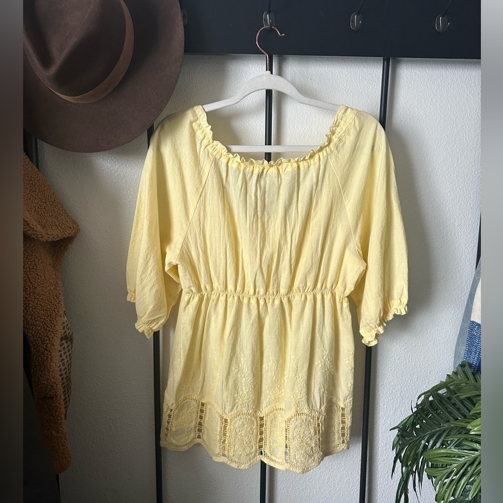 Max Studio yellow lace off shoulder boho romantic cottagecore cotton blouse top - Picture 4 of 5
